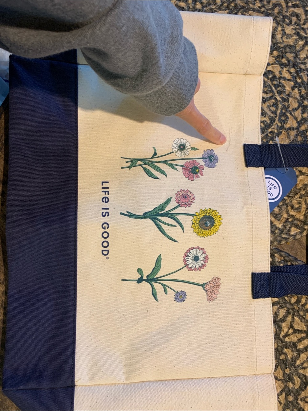 Life Is Good Canvas Tote with Floral Design - Navy & Cream - Picture 9 of 11